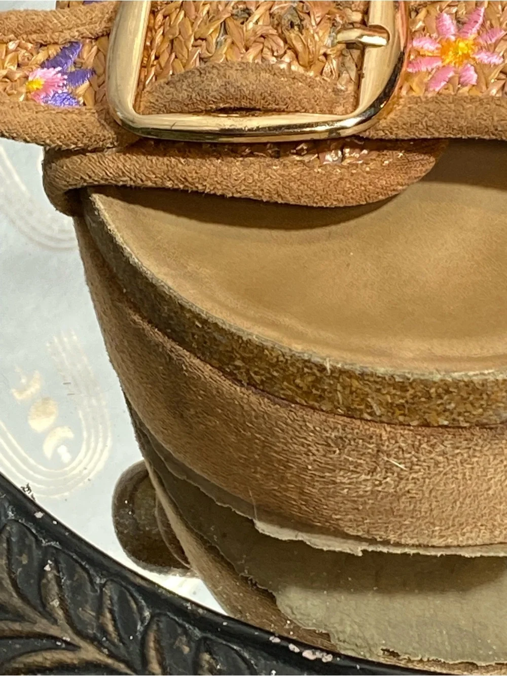 Embroidered Tan Suede Platform Slide Sandals with Buckles